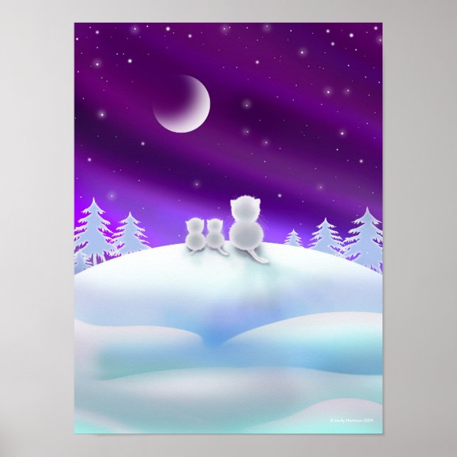 Three White Cats atop a Snow Hill Poster (Front)
