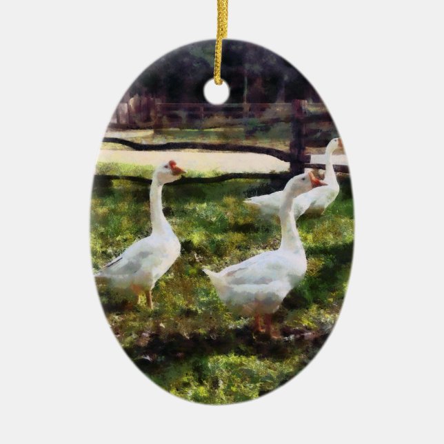 Three White Geese Ceramic Ornament (Front)