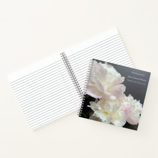 Three white peonies on dark grey memorial notebook (Inside)
