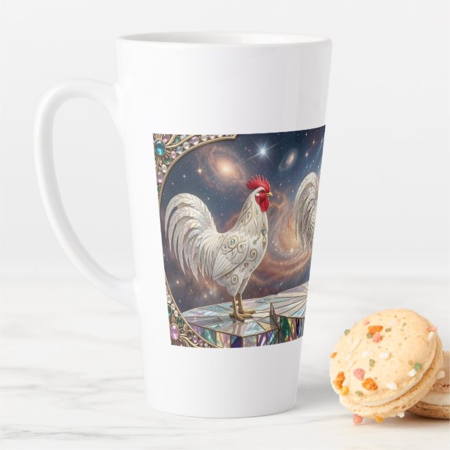 Three white roosters. latte mug (In Situ)