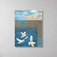 Three White Seagulls Flying Over the Water