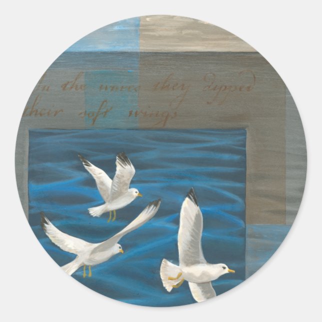 Three White Seagulls Flying Over the Water Classic Round Sticker (Front)