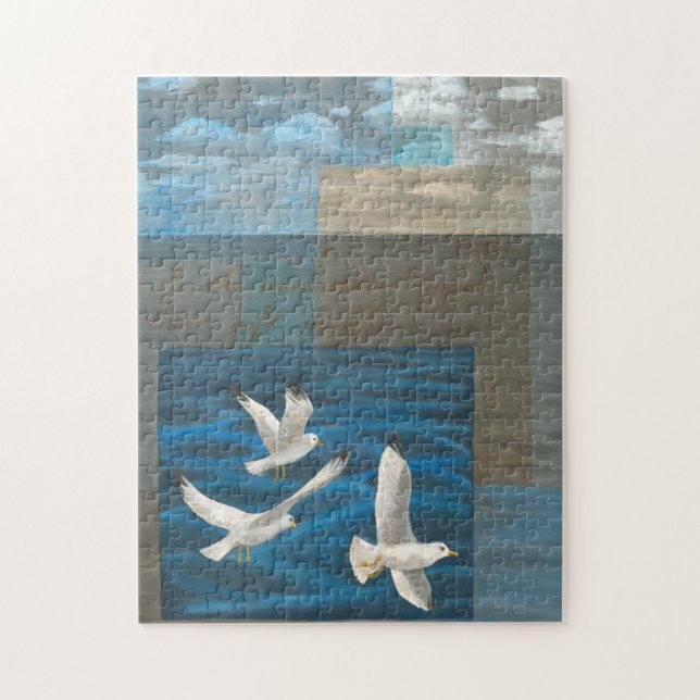 Three White Seagulls Flying Over the Water Jigsaw Puzzle (Vertical)