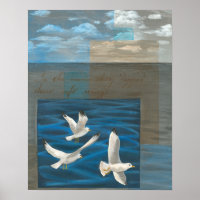 Three White Seagulls Flying Over the Water