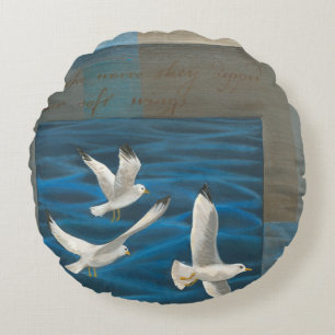 Three White Seagulls Flying Over the Water Round Pillow