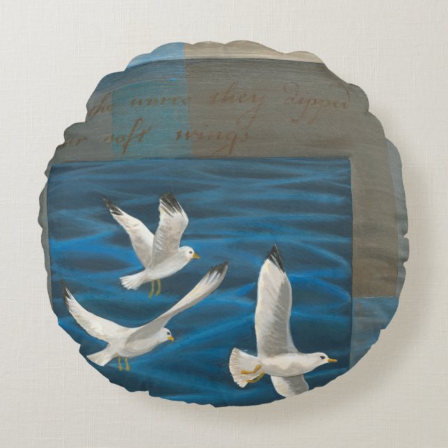 Three White Seagulls Flying Over the Water Round Pillow (Front)