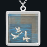 Three White Seagulls Flying Over the Water Silver Plated Necklace<br><div class="desc">Need to get away? Do it by choosing this painting by artist Tara Friel representing three seagulls flying over the water. The sight of the waves of the ocean and the vivid colours make this design very realistic.</div>