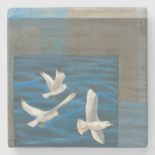 Three White Seagulls Flying Over the Water Stone Coaster