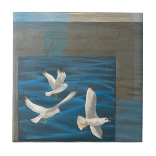 Three White Seagulls Flying Over the Water Tile