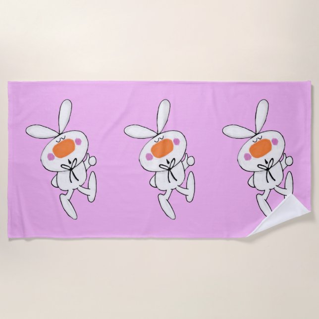 Three White Thumbs Up Cartoon Bunnies Rosy Cheeks Beach Towel (Front)