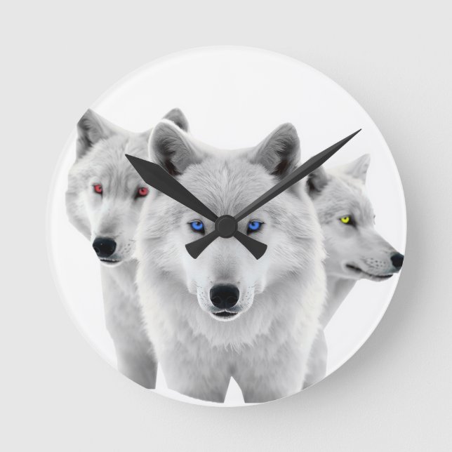 Three White Wolves Round Clock (Front)