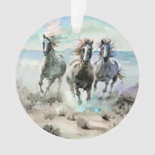 Three Wild Horses Race Across a Dusty Prairie Ornament