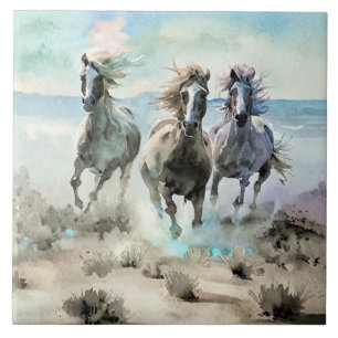 Three Wild Horses Race Across a Dusty Prairie Tile