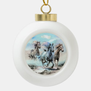 Three Wild Mustangs Race Across the Plains Ceramic Ball Christmas Ornament