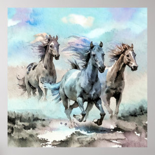 Three Wild Mustangs Race Across the Plains Poster
