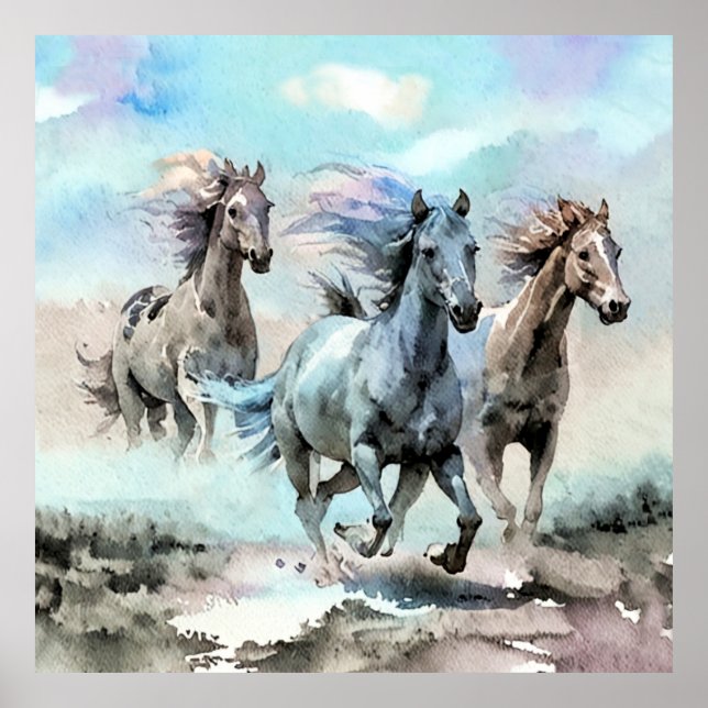 Three Wild Mustangs Race Across the Plains Poster (Front)