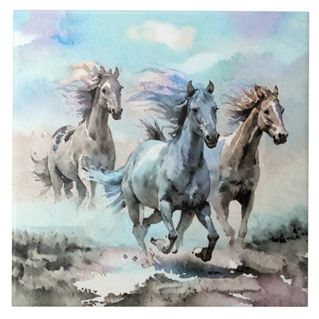 Three Wild Mustangs Race Across the Plains Tile (Front)
