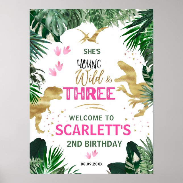  Three Wild Pink T-Rex 3rd Birthday Party Welcome Poster (Front)