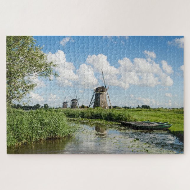 Three windmills and a canal with boats in Holland Jigsaw Puzzle (Horizontal)