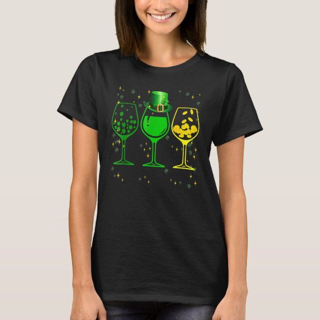 Three Wine Glasses C Shamrock St Patrick Day Irish T-Shirt (Front)