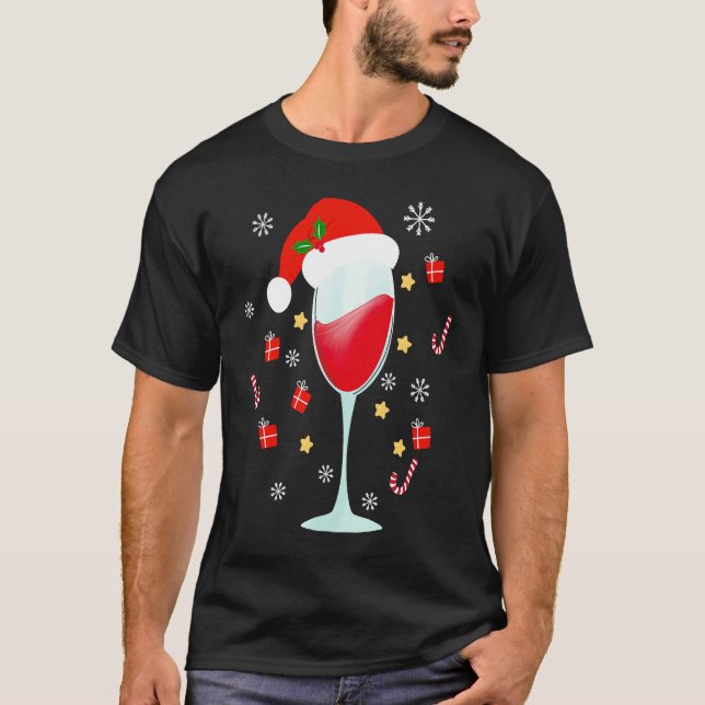 Three Wine Glasses Santa Hat Christmas  Wine  Xmas T-Shirt (Front)