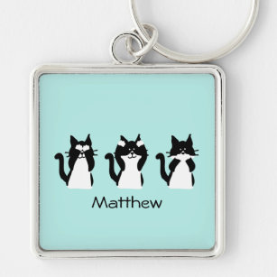 Three Wise Kitties Black White Blue Custom Keychain