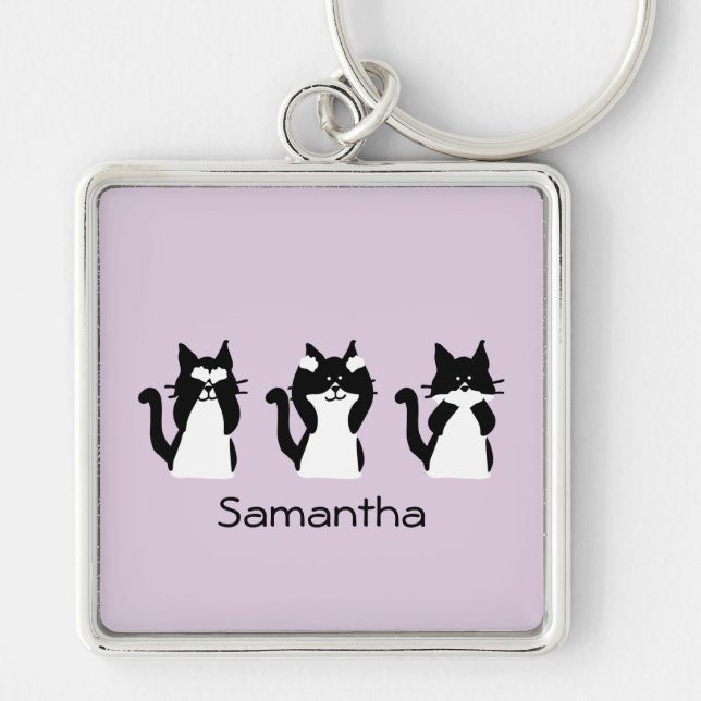 Three Wise Kitties Black White Purple Custom Keychain (Front)