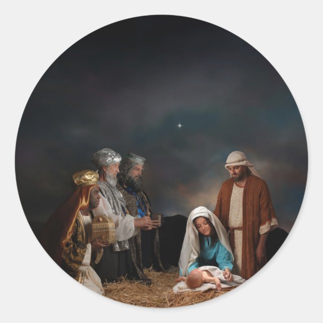 Three Wise Men at the Nativity Classic Round Sticker (Front)