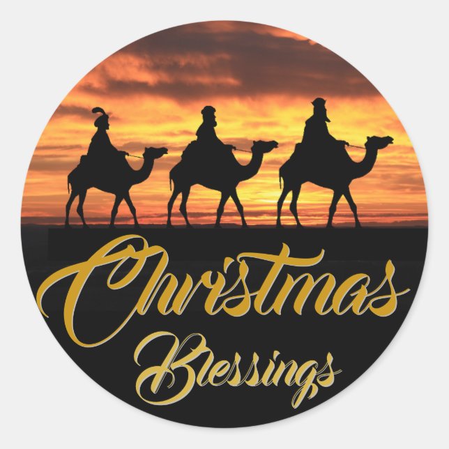Three Wise Men Christmas Blessings Orange Sunset Classic Round Sticker (Front)