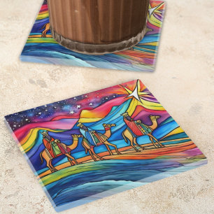 Three Wise Men Colorful Christmas Holiday Glass Coaster