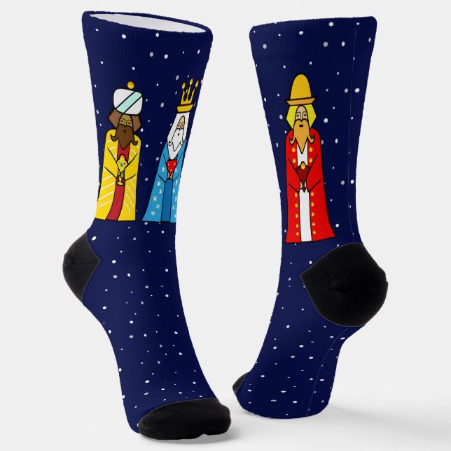 Three Wise Men & Snowflakes on Navy Blue Socks (Angled)