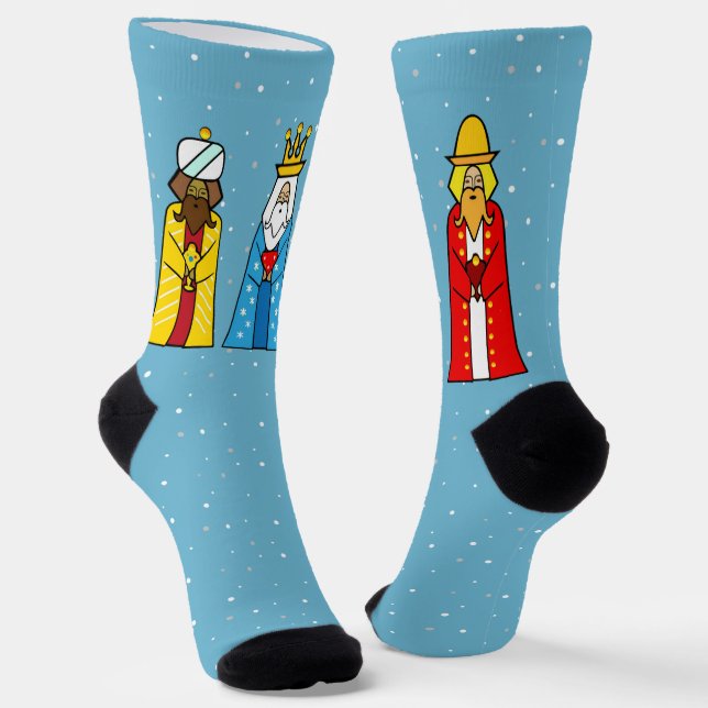 Three Wise Men & Snowflakes on Turquoise Socks (Angled)