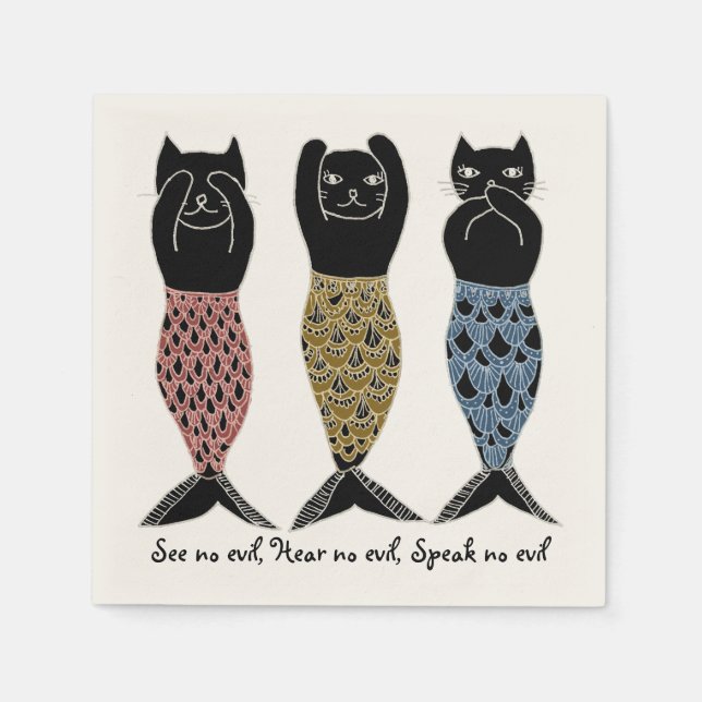 Three wise Mermaid Cats Napkin (Front)