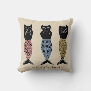 Three wise Mermaid Cats Throw Pillow