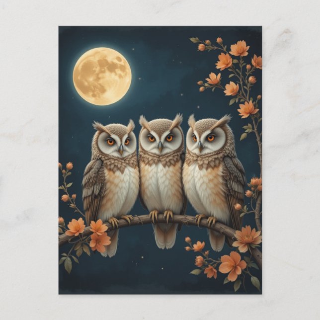Three Wise Owls on a Branch Under the Full Moon Postcard (Front)