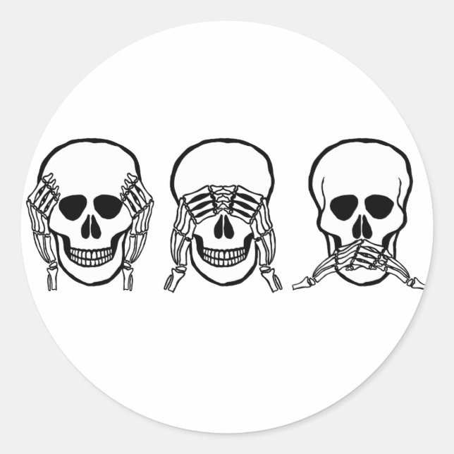 Three wise skulls, see, hear, speak no evil classic round sticker (Front)