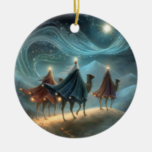 Three Wisemen Following Star Black Text Christmas Ceramic Ornament