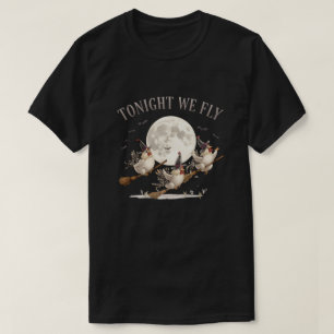 Three Witch Chickens Flying in Front of Moon T-Shirt
