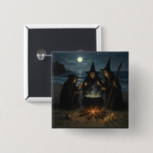 Three Witches Brew Cauldron Full Moon Beach 2 Inch Square Button