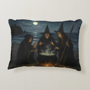 Three Witches Brew Cauldron Full Moon Beach Accent Pillow