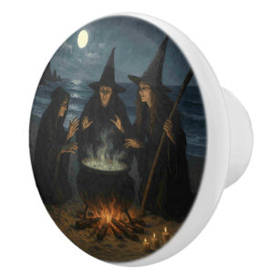 Three Witches Brew Cauldron Full Moon Beach Ceramic Knob