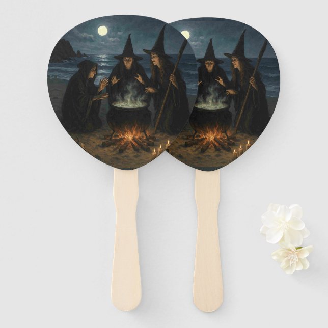 Three Witches Brew Cauldron Full Moon Beach  Hand Fan (Front and Back)