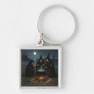Three Witches Brew Cauldron Full Moon Beach Keychain