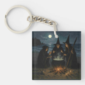Three Witches Brew Cauldron Full Moon Beach Keychain