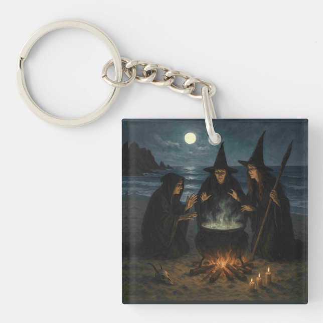 Three Witches Brew Cauldron Full Moon Beach  Keychain (Front)