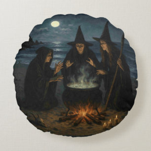 Three Witches Brew Cauldron Full Moon Beach  Round Pillow