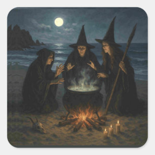 Three Witches Brew Cauldron Full Moon Beach  Square Sticker