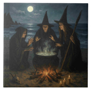 Three Witches Brew Cauldron Full Moon Beach Tile