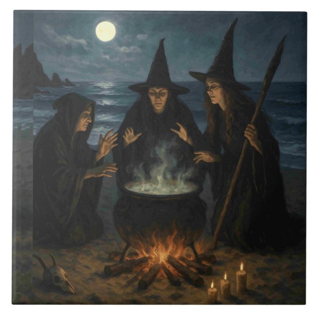 Three Witches Brew Cauldron Full Moon Beach  Tile (Front)