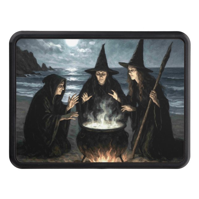 Three Witches Brew Cauldron Full Moon Beach  Trailer Hitch Cover (Front)